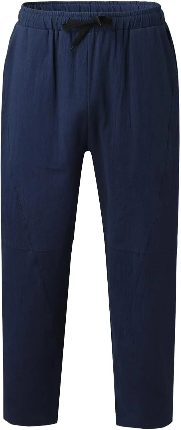 Casual Summer Pants for Men Linen Solid Color Pant Drawstring Joggers Loose Fit Pants Long Trousers with Pockets