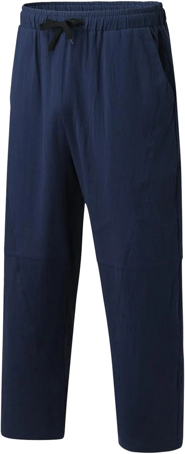 Casual Summer Pants for Men Linen Solid Color Pant Drawstring Joggers Loose Fit Pants Long Trousers with Pockets