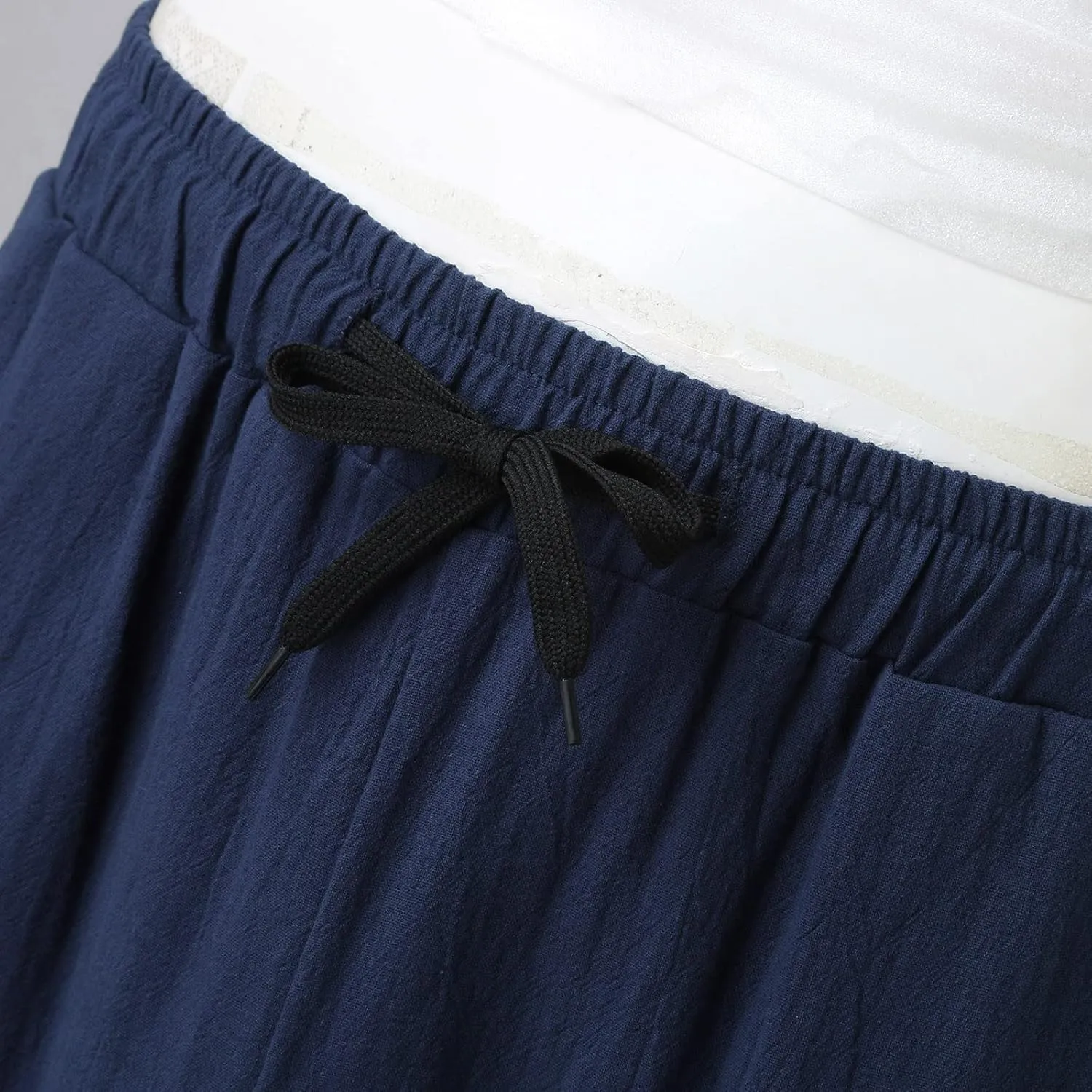 Casual Summer Pants for Men Linen Solid Color Pant Drawstring Joggers Loose Fit Pants Long Trousers with Pockets