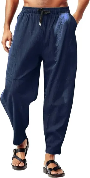 Casual Summer Pants for Men Linen Solid Color Pant Drawstring Joggers Loose Fit Pants Long Trousers with Pockets