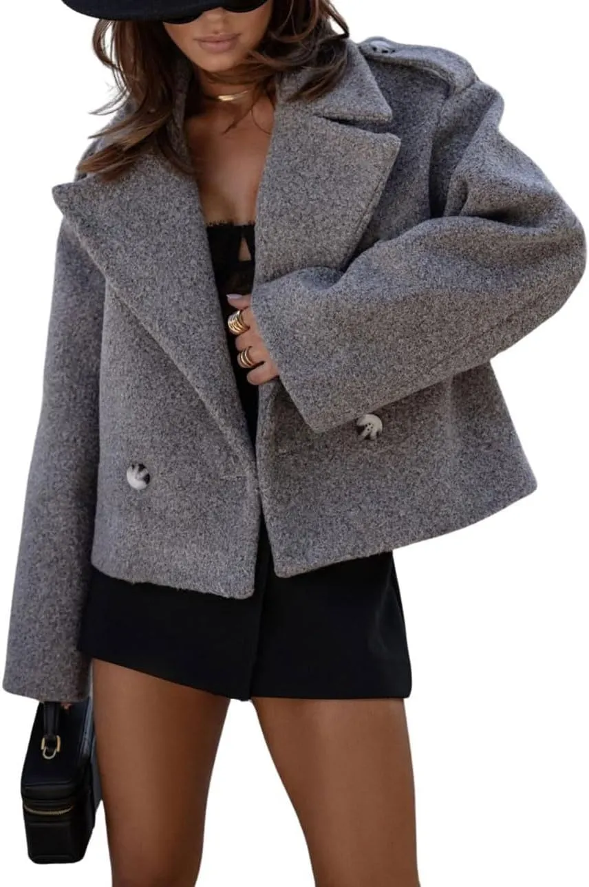 CHARTOU Women Crop Pea Coat Wool Blend Office Work Lapel Collar Short Winter Jacket Trench Coat
