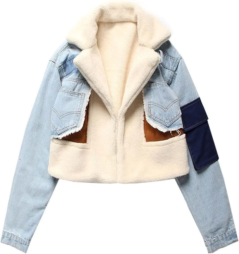 CHARTOU Women's Trendy Sherpa Fleece Patchwork Ripped Moto Biker Thick Quilted Denim Jacket Short Coat