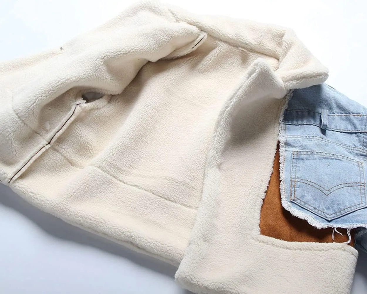 CHARTOU Women's Trendy Sherpa Fleece Patchwork Ripped Moto Biker Thick Quilted Denim Jacket Short Coat