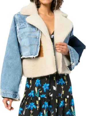 CHARTOU Women's Trendy Sherpa Fleece Patchwork Ripped Moto Biker Thick Quilted Denim Jacket Short Coat