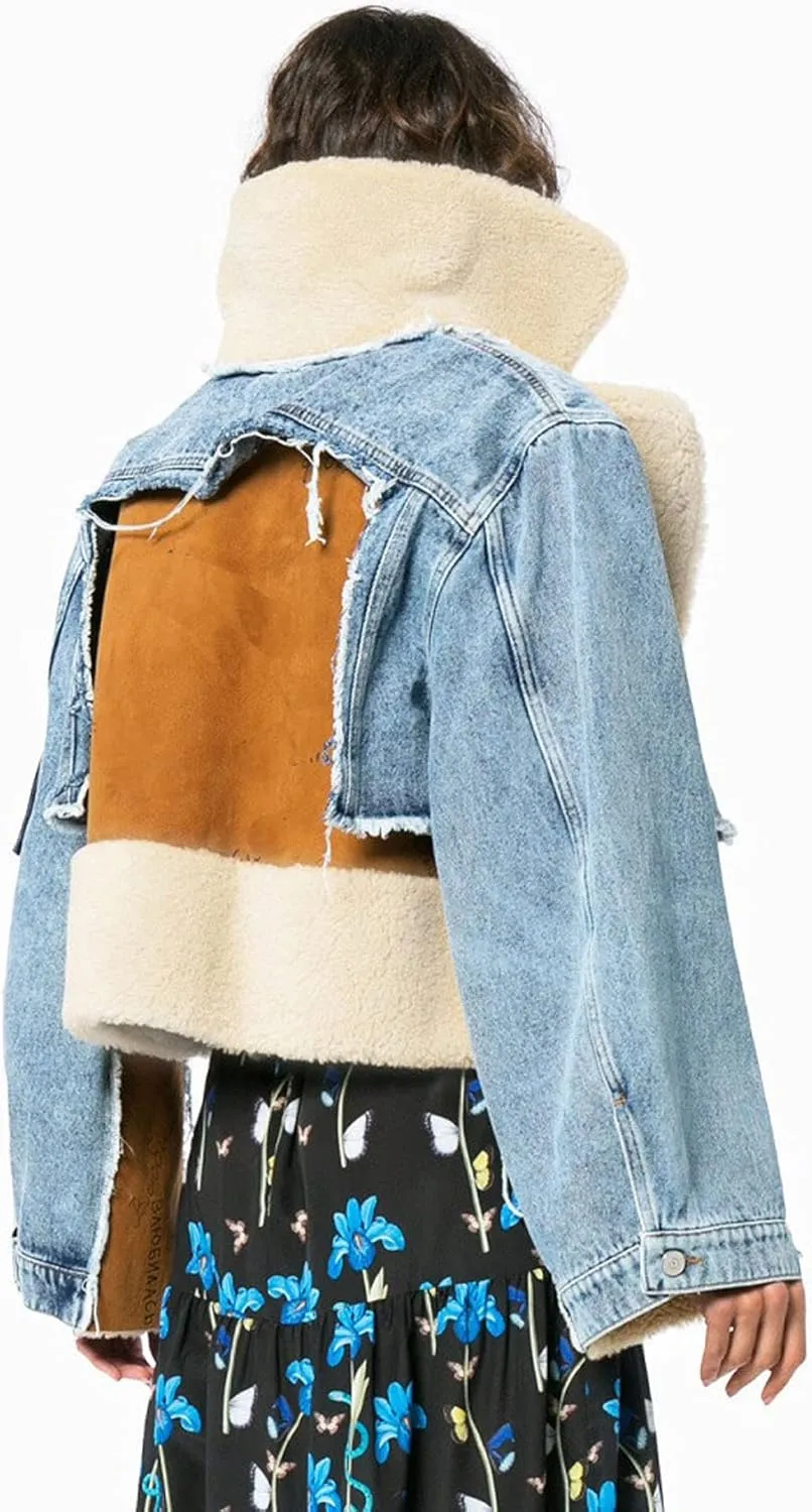 CHARTOU Women's Trendy Sherpa Fleece Patchwork Ripped Moto Biker Thick Quilted Denim Jacket Short Coat