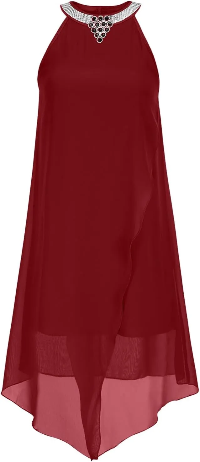 Chiffon Halter Dress for Women Dressy Tiered Evening Dresses Plus Size Choker Neck Swing Midi Sundress