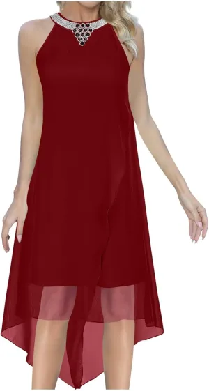 Chiffon Halter Dress for Women Dressy Tiered Evening Dresses Plus Size Choker Neck Swing Midi Sundress