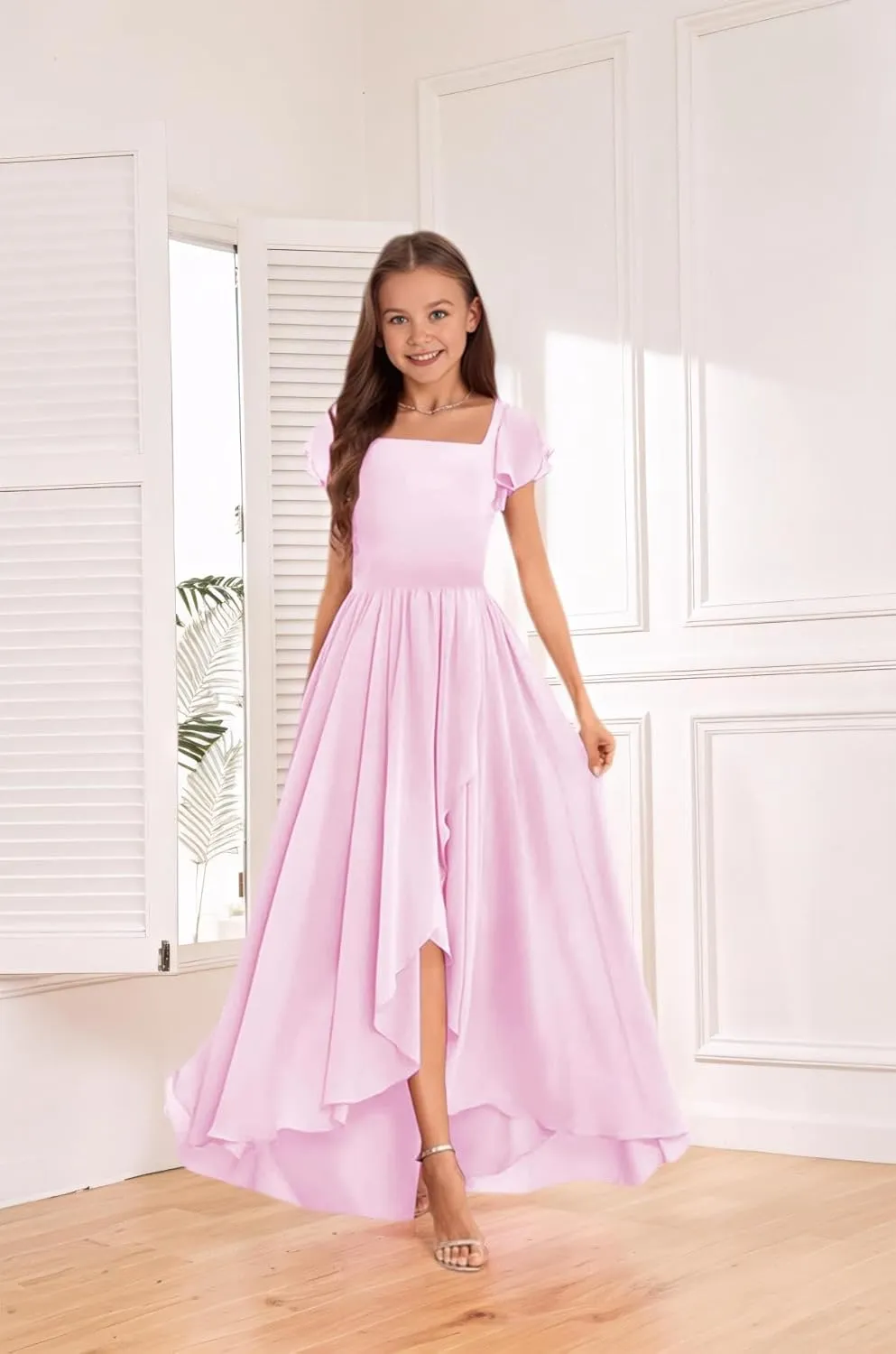 Chiffon Junior Bridesmaid Dress High-Low Long Flower Girl Dress for Wedding Formal Special Occasion Gowns for Kids