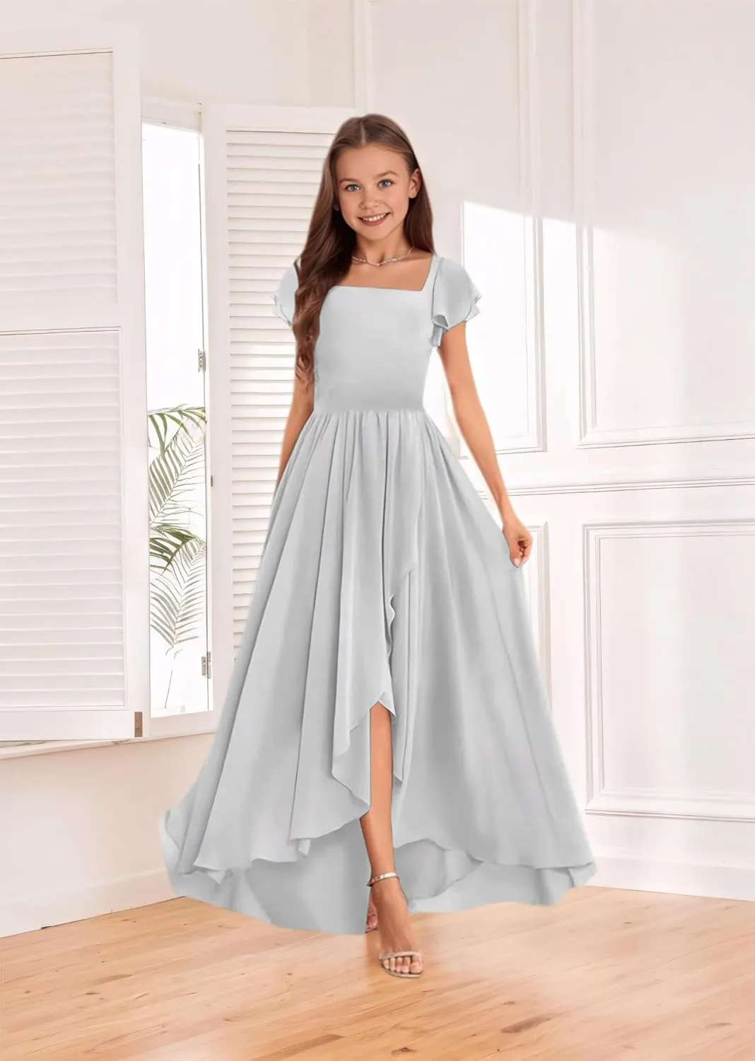 Chiffon Junior Bridesmaid Dress High-Low Long Flower Girl Dress for Wedding Formal Special Occasion Gowns for Kids