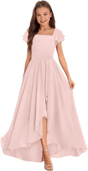 Chiffon Junior Bridesmaid Dress High-Low Long Flower Girl Dress for Wedding Formal Special Occasion Gowns for Kids