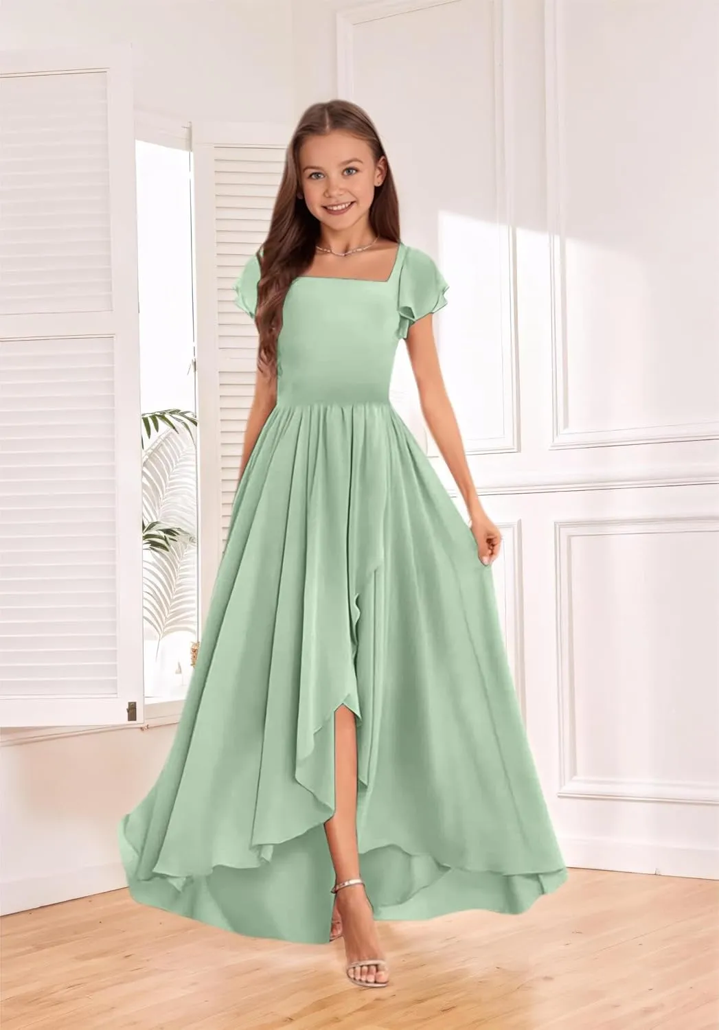 Chiffon Junior Bridesmaid Dress High-Low Long Flower Girl Dress for Wedding Formal Special Occasion Gowns for Kids