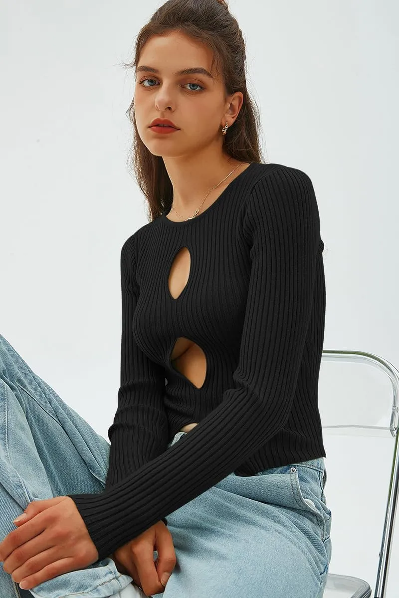 CHYRII Womens Sexy Fall Fashion Cutout Tops Ribbed Knit Winter Pullover Sweater Going Out Crop Tops