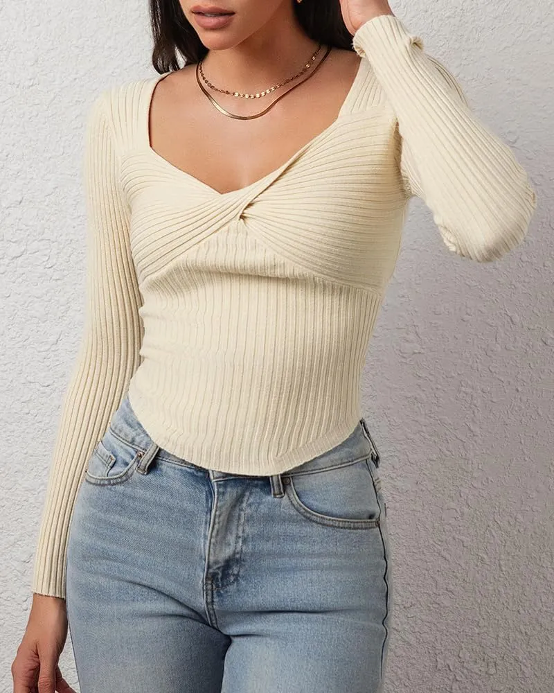 CHYRII Womens Sexy Fall Fashion Twisted Tops Ribbed Knit Winter Pullover Sweater Going Out Crop Tops