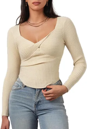 CHYRII Womens Sexy Fall Fashion Twisted Tops Ribbed Knit Winter Pullover Sweater Going Out Crop Tops