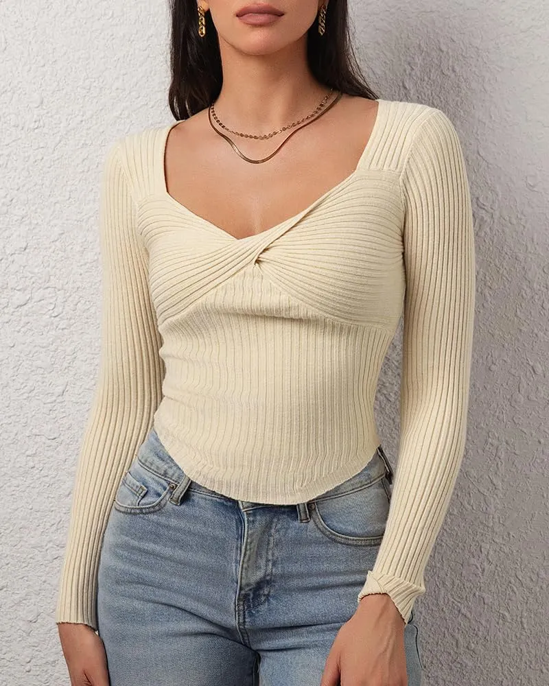 CHYRII Womens Sexy Fall Fashion Twisted Tops Ribbed Knit Winter Pullover Sweater Going Out Crop Tops