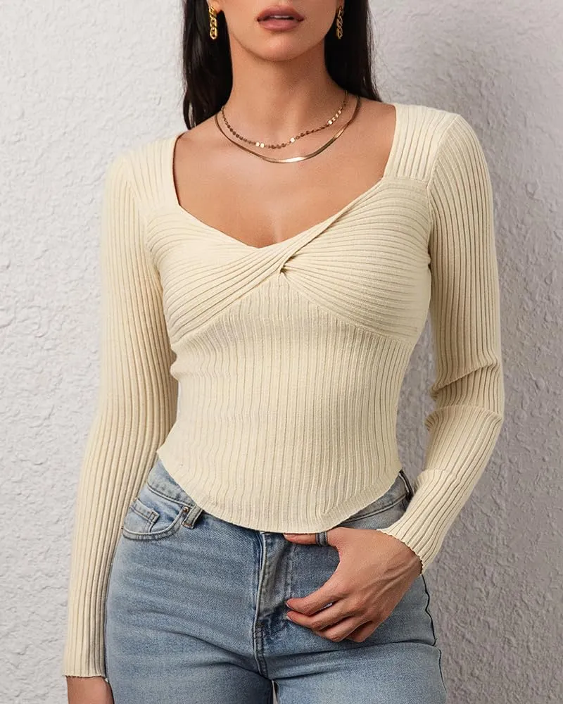 CHYRII Womens Sexy Fall Fashion Twisted Tops Ribbed Knit Winter Pullover Sweater Going Out Crop Tops
