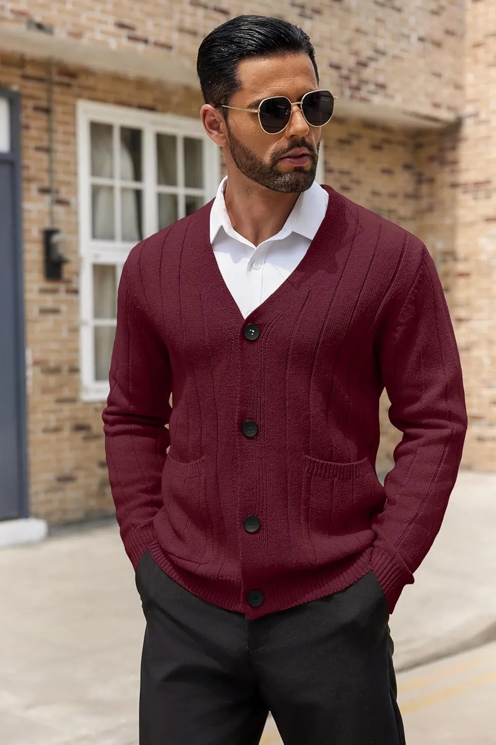 COOFANDY Men's Cardigan Sweater Cable Knit V Neck Button up Sweaters Ribbed Cardigan Sweater with Pockets
