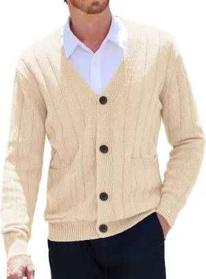 COOFANDY Men's Cardigan Sweater Cable Knit V Neck Button up Sweaters Ribbed Cardigan Sweater with Pockets