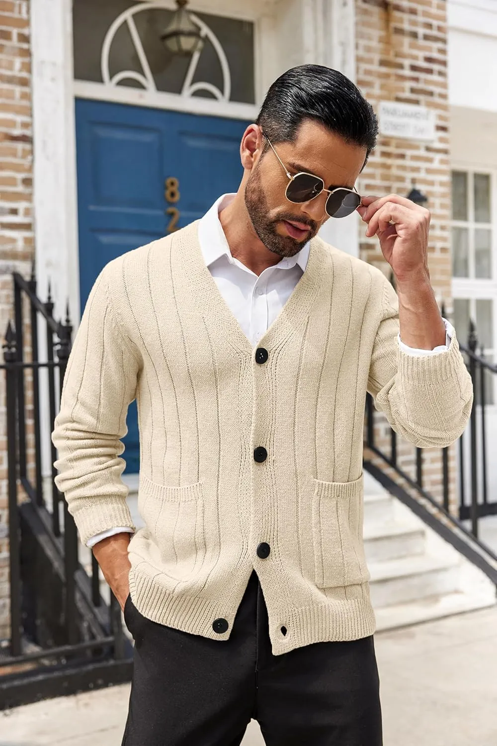 COOFANDY Men's Cardigan Sweater Cable Knit V Neck Button up Sweaters Ribbed Cardigan Sweater with Pockets