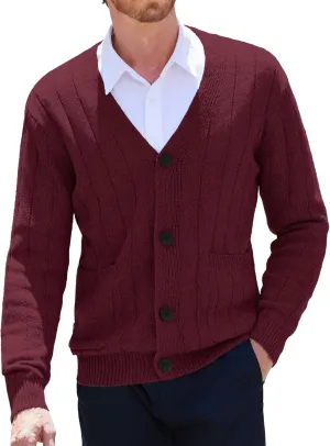 COOFANDY Men's Cardigan Sweater Cable Knit V Neck Button up Sweaters Ribbed Cardigan Sweater with Pockets
