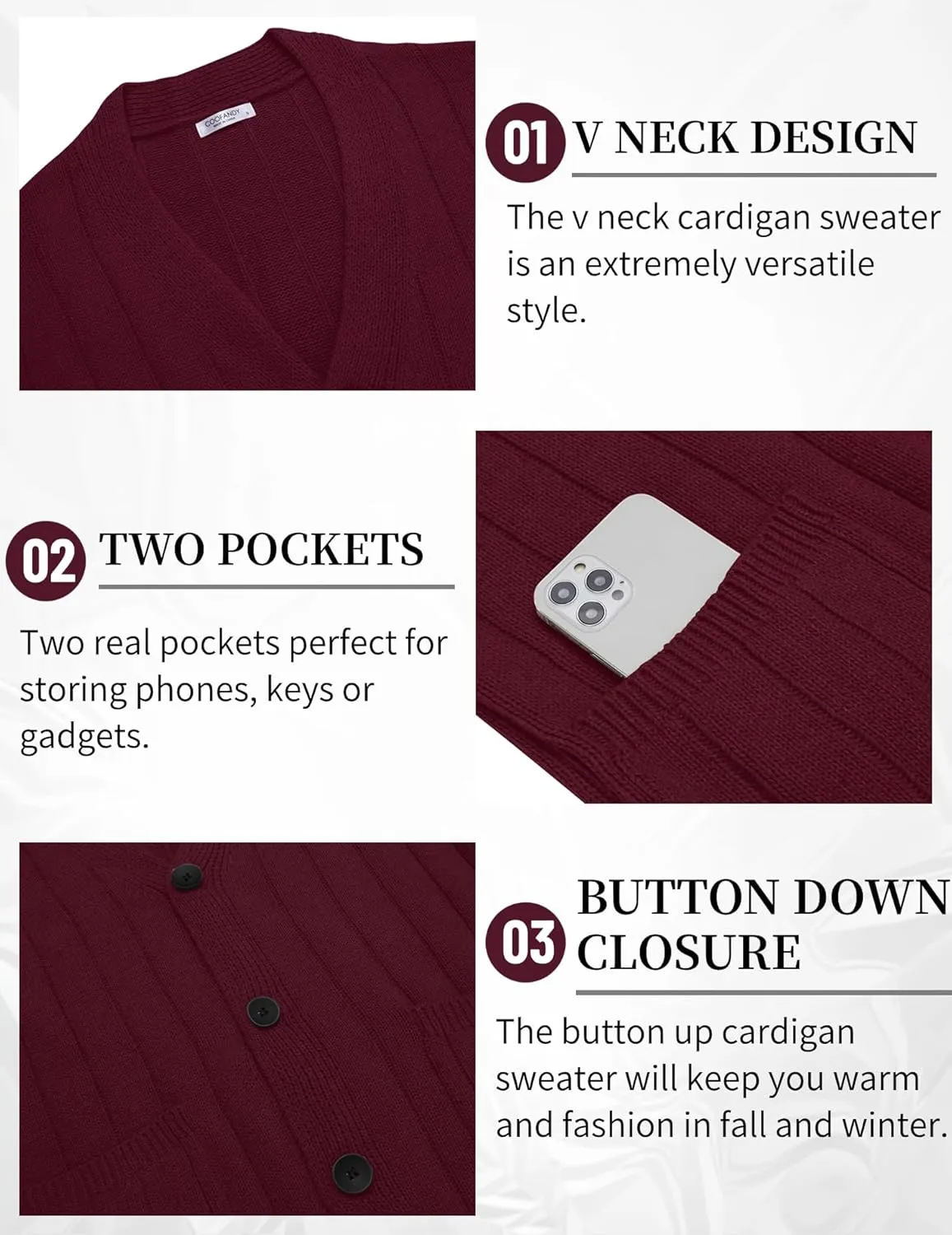 COOFANDY Men's Cardigan Sweater Cable Knit V Neck Button up Sweaters Ribbed Cardigan Sweater with Pockets