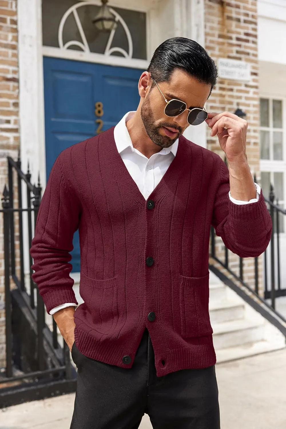 COOFANDY Men's Cardigan Sweater Cable Knit V Neck Button up Sweaters Ribbed Cardigan Sweater with Pockets