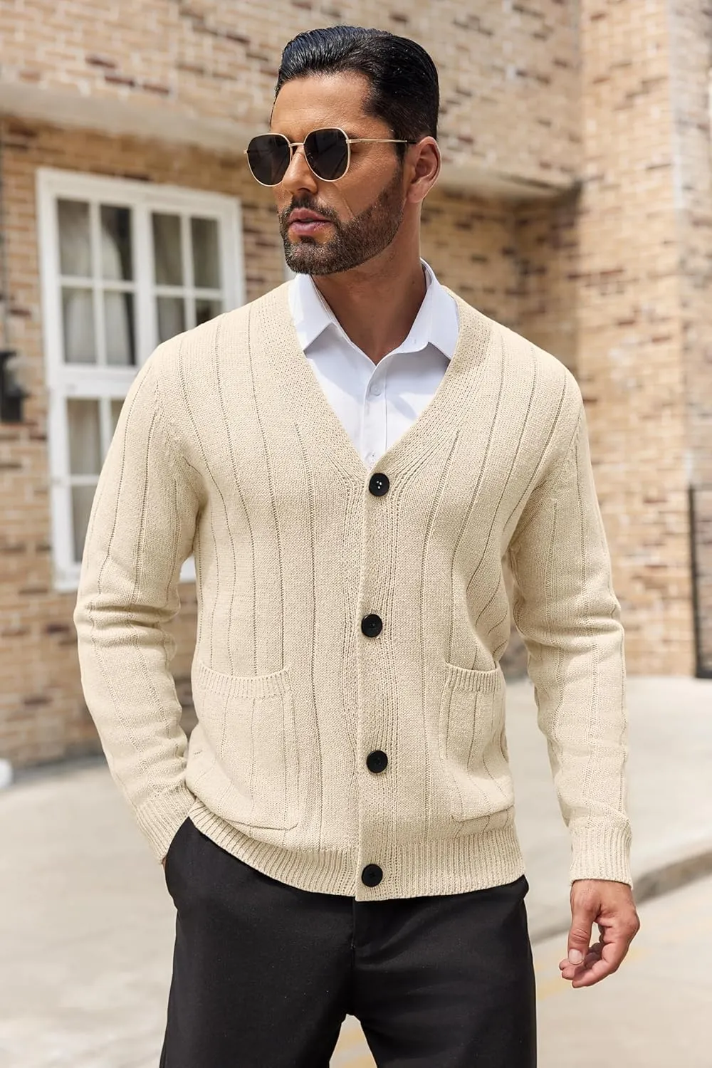 COOFANDY Men's Cardigan Sweater Cable Knit V Neck Button up Sweaters Ribbed Cardigan Sweater with Pockets