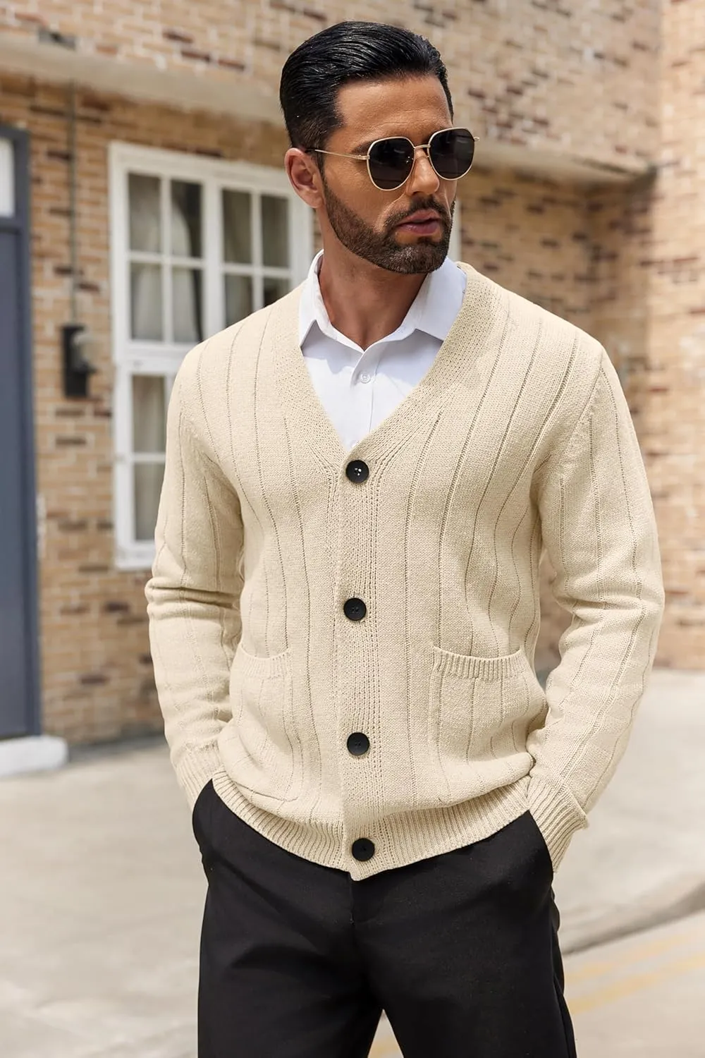 COOFANDY Men's Cardigan Sweater Cable Knit V Neck Button up Sweaters Ribbed Cardigan Sweater with Pockets