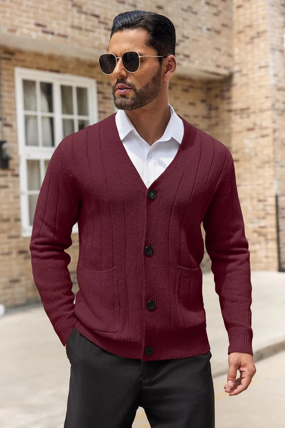 COOFANDY Men's Cardigan Sweater Cable Knit V Neck Button up Sweaters Ribbed Cardigan Sweater with Pockets