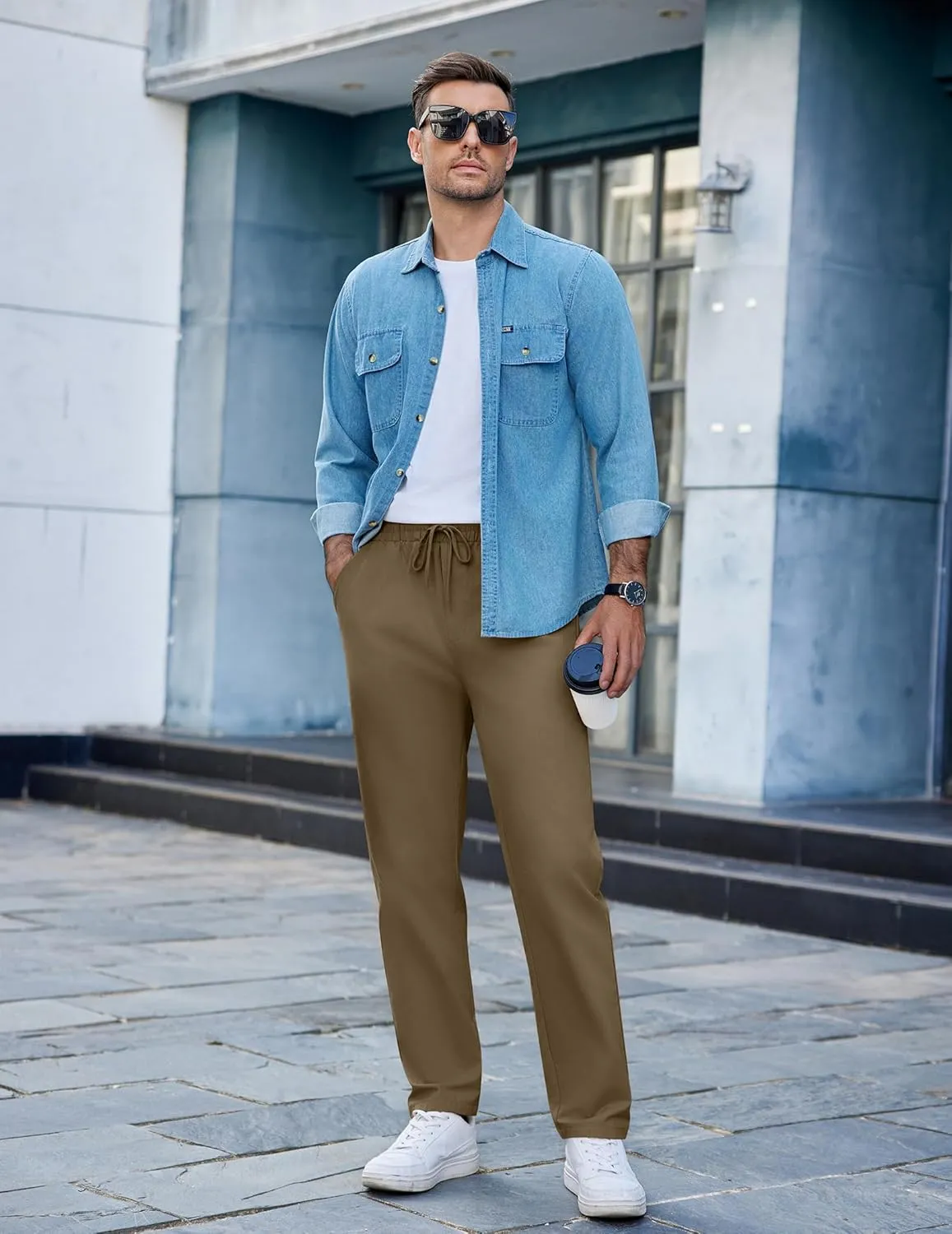 COOFANDY Men's Casual Cotton Pants Regular Fit Elastic Waist Drawstring Twill Pants Straight Leg Chino Pants