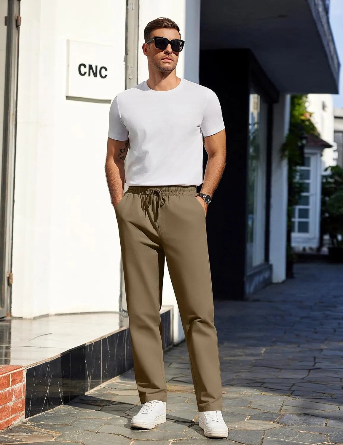 COOFANDY Men's Casual Cotton Pants Regular Fit Elastic Waist Drawstring Twill Pants Straight Leg Chino Pants