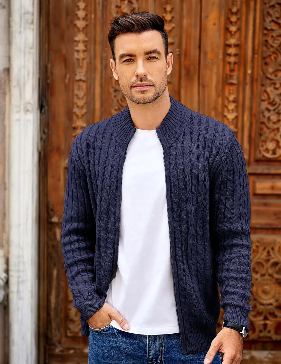 COOFANDY Men's Full Zip Cardigan Sweater Slim Fit Cable Knitted Zip Up Sweater with Pockets