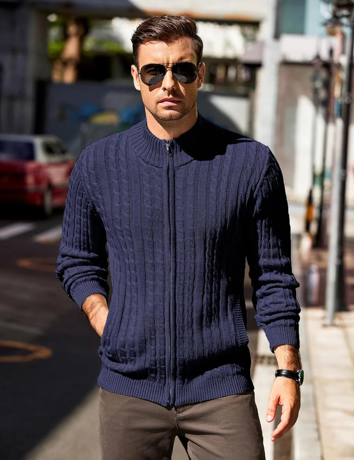 COOFANDY Men's Full Zip Cardigan Sweater Slim Fit Cable Knitted Zip Up Sweater with Pockets