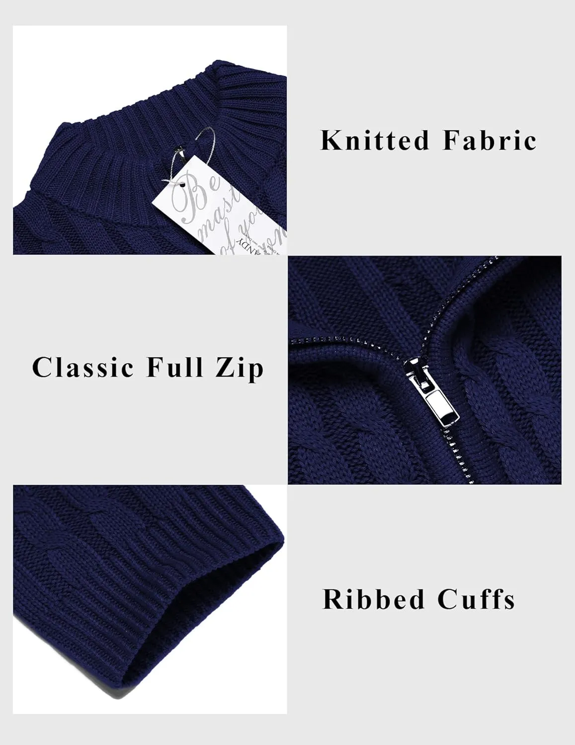 COOFANDY Men's Full Zip Cardigan Sweater Slim Fit Cable Knitted Zip Up Sweater with Pockets