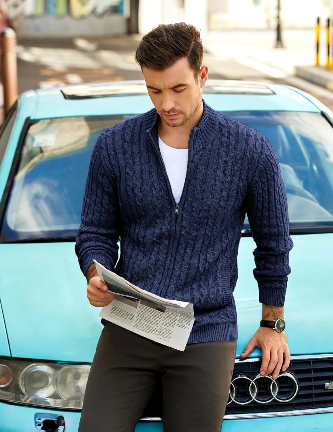 COOFANDY Men's Full Zip Cardigan Sweater Slim Fit Cable Knitted Zip Up Sweater with Pockets