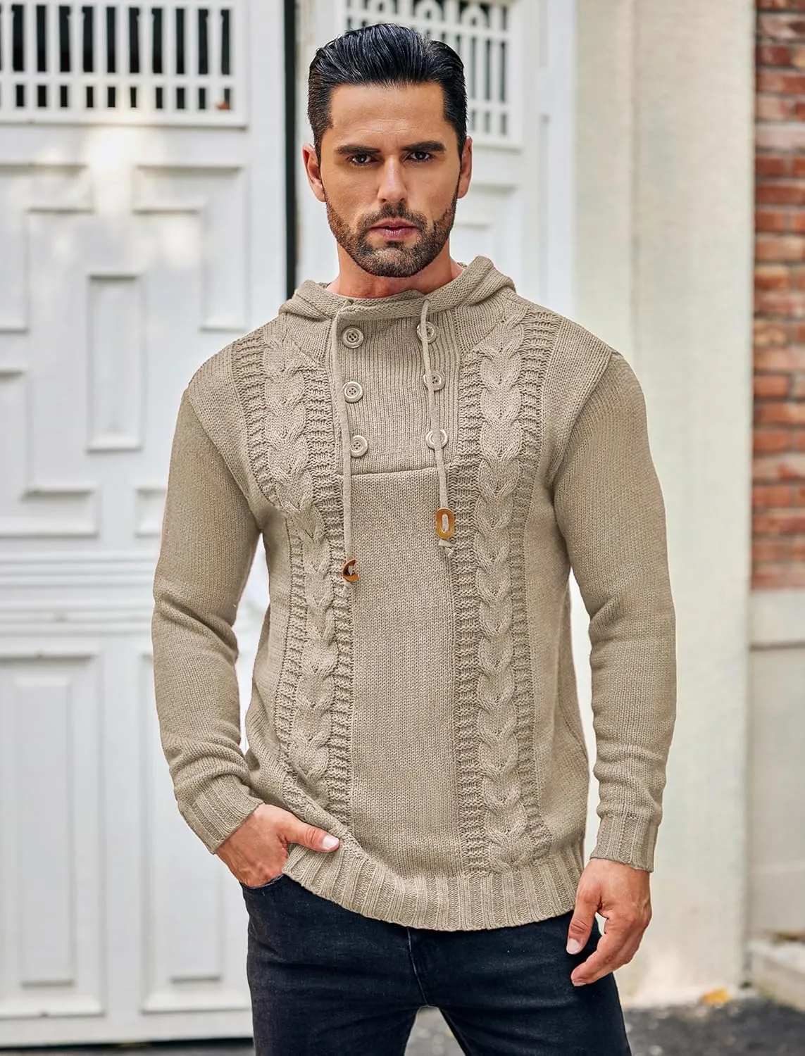 COOFANDY Men's Knitted Hoodies Pullover Casual Long Sleeve Turtleneck Sweaters