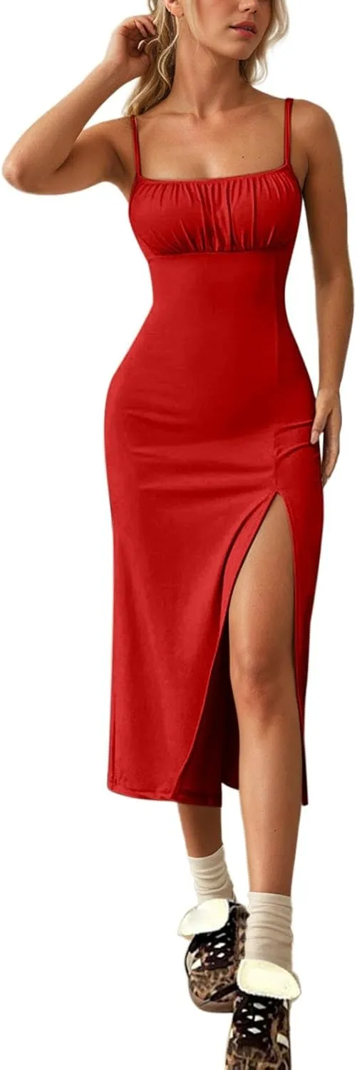 Corset Dress for Women 2025 Sexy Spaghetti Strappy Square Neck Cocktail Dresses Side Split Bodycon Midi Dresses