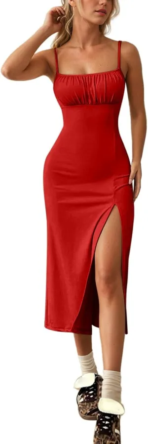 Corset Dress for Women 2025 Sexy Spaghetti Strappy Square Neck Cocktail Dresses Side Split Bodycon Midi Dresses