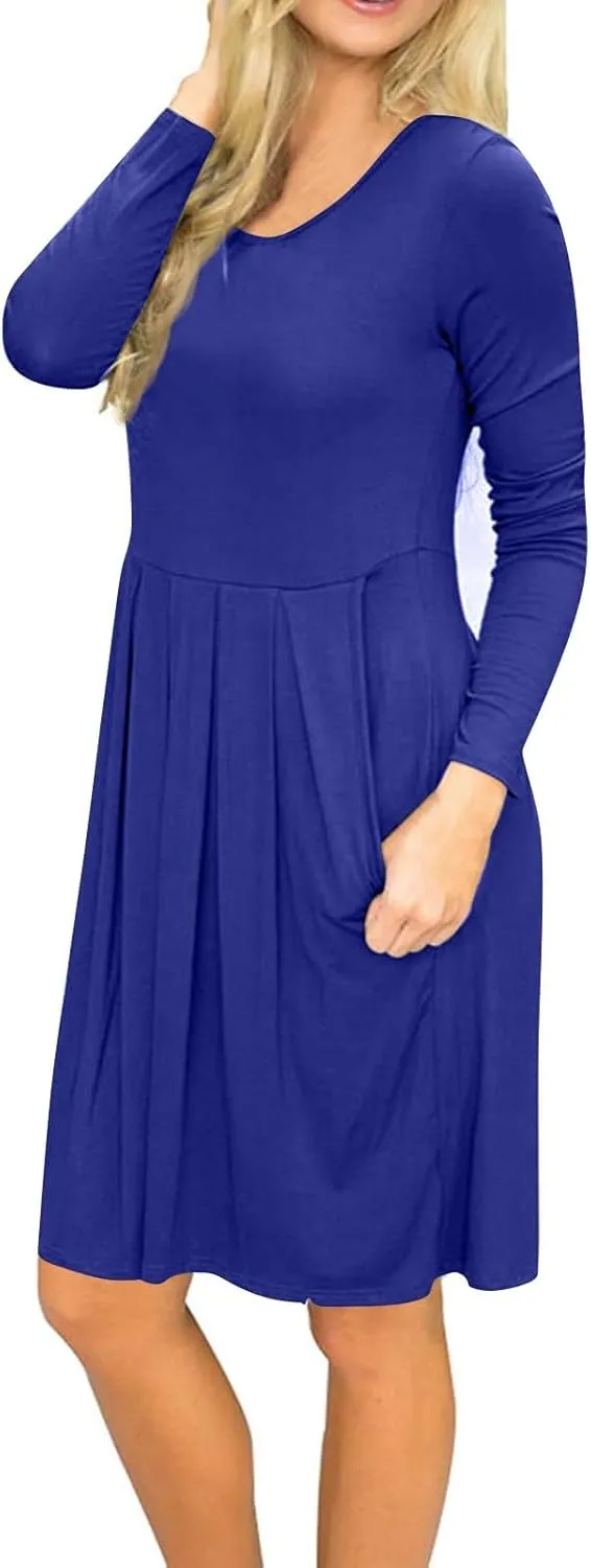 COTECRAM 2025 Women's Spring Casual Long Sleeve Midi Dresses with Pockets Crewneck Flowy A Line Knee Length Boho Dress