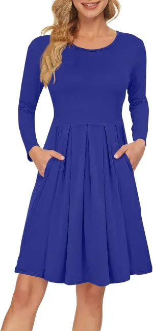 COTECRAM 2025 Women's Spring Casual Long Sleeve Midi Dresses with Pockets Crewneck Flowy A Line Knee Length Boho Dress