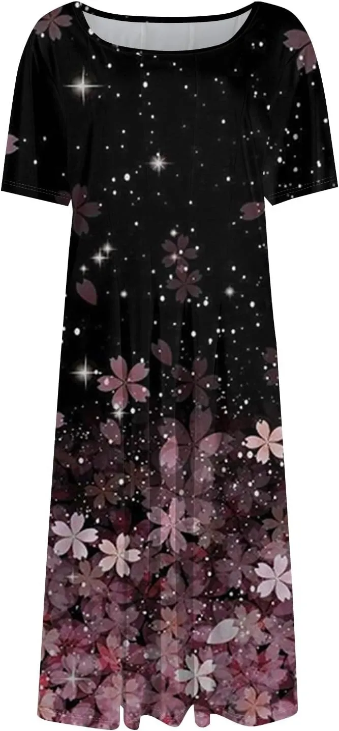 COTECRAM Summer Dresses for Women 2025 Trendy Bohemian Floral Print Maxi Dress Casual Beach Vacation Sundresses with Pockets