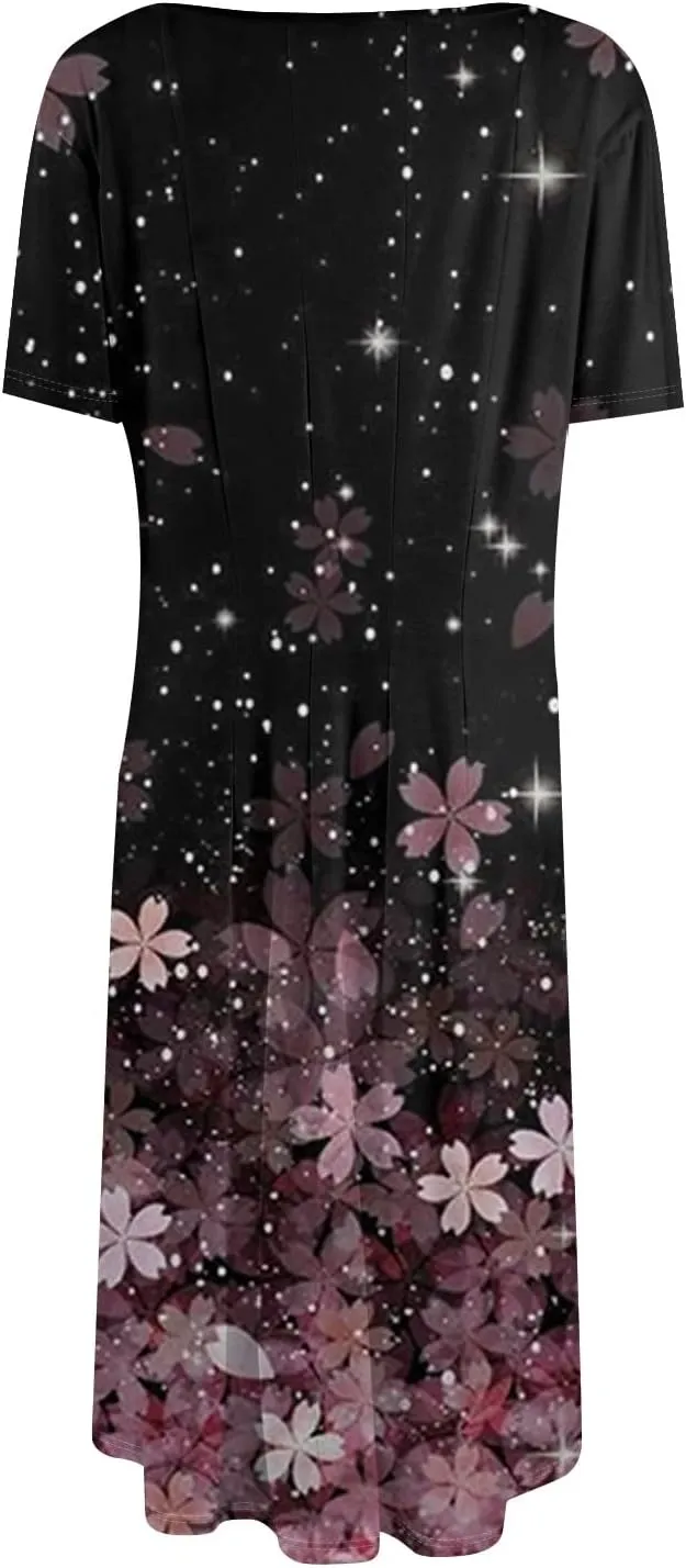 COTECRAM Summer Dresses for Women 2025 Trendy Bohemian Floral Print Maxi Dress Casual Beach Vacation Sundresses with Pockets