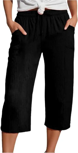 Cotton Linen Capri Pants for Women 2025 Summer Casual Plus Size Capris Wide Leg High Waisted Drawstring Crop Pants