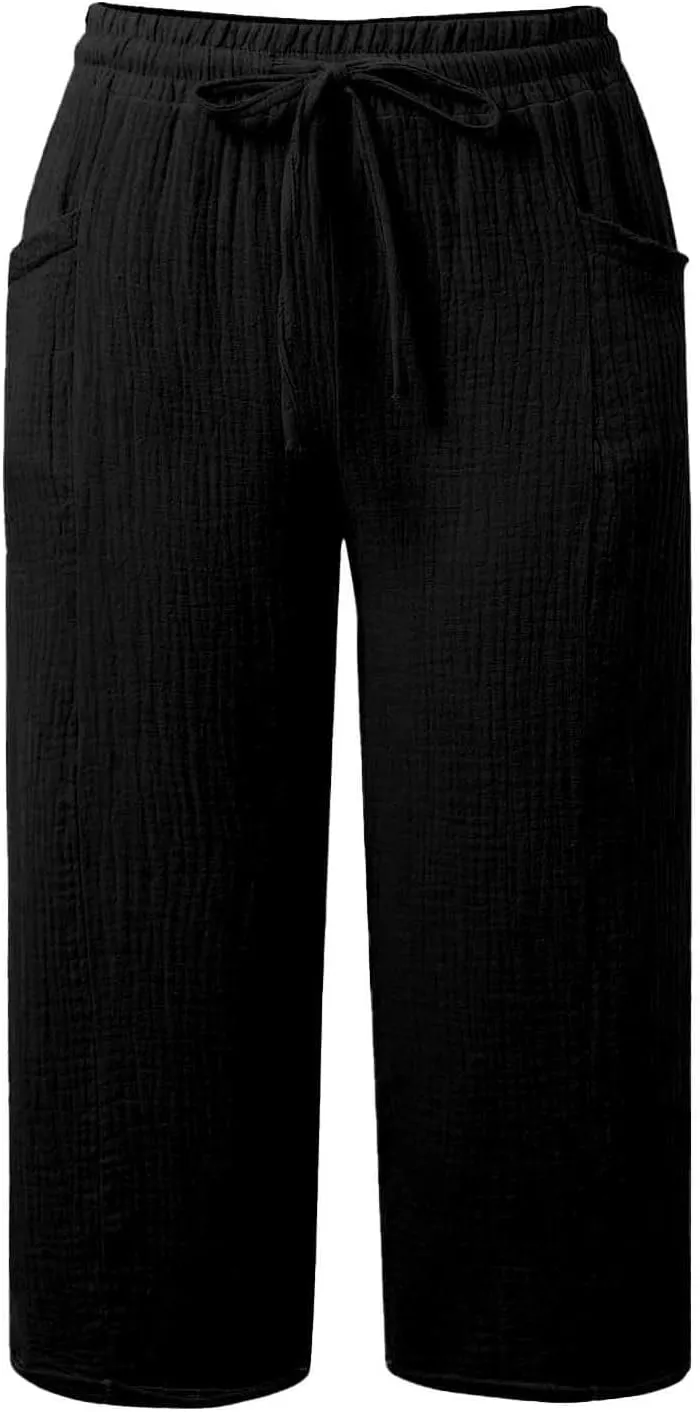 Cotton Linen Capri Pants for Women 2025 Summer Casual Plus Size Capris Wide Leg High Waisted Drawstring Crop Pants