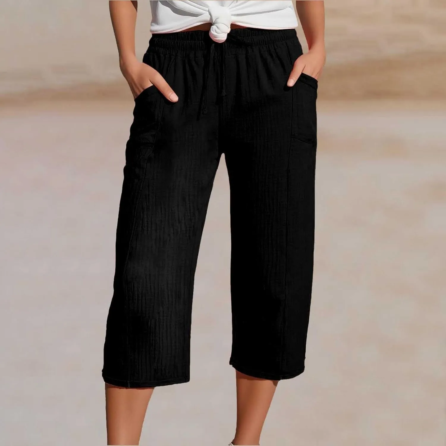 Cotton Linen Capri Pants for Women 2025 Summer Casual Plus Size Capris Wide Leg High Waisted Drawstring Crop Pants