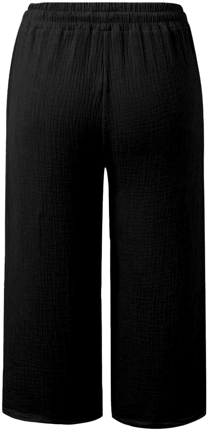 Cotton Linen Capri Pants for Women 2025 Summer Casual Plus Size Capris Wide Leg High Waisted Drawstring Crop Pants