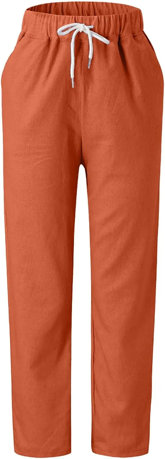 Cotton Linen Pants for Women 2024 Summer Drawstring High Waist Cropped Pants Loose Wide Leg Trousers with Pockets
