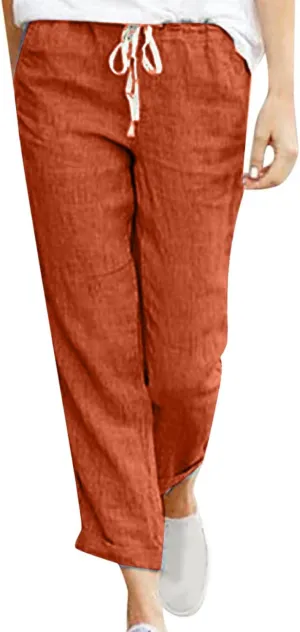 Cotton Linen Pants for Women 2024 Summer Drawstring High Waist Cropped Pants Loose Wide Leg Trousers with Pockets
