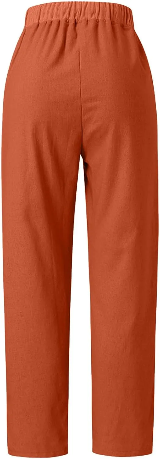 Cotton Linen Pants for Women 2024 Summer Drawstring High Waist Cropped Pants Loose Wide Leg Trousers with Pockets