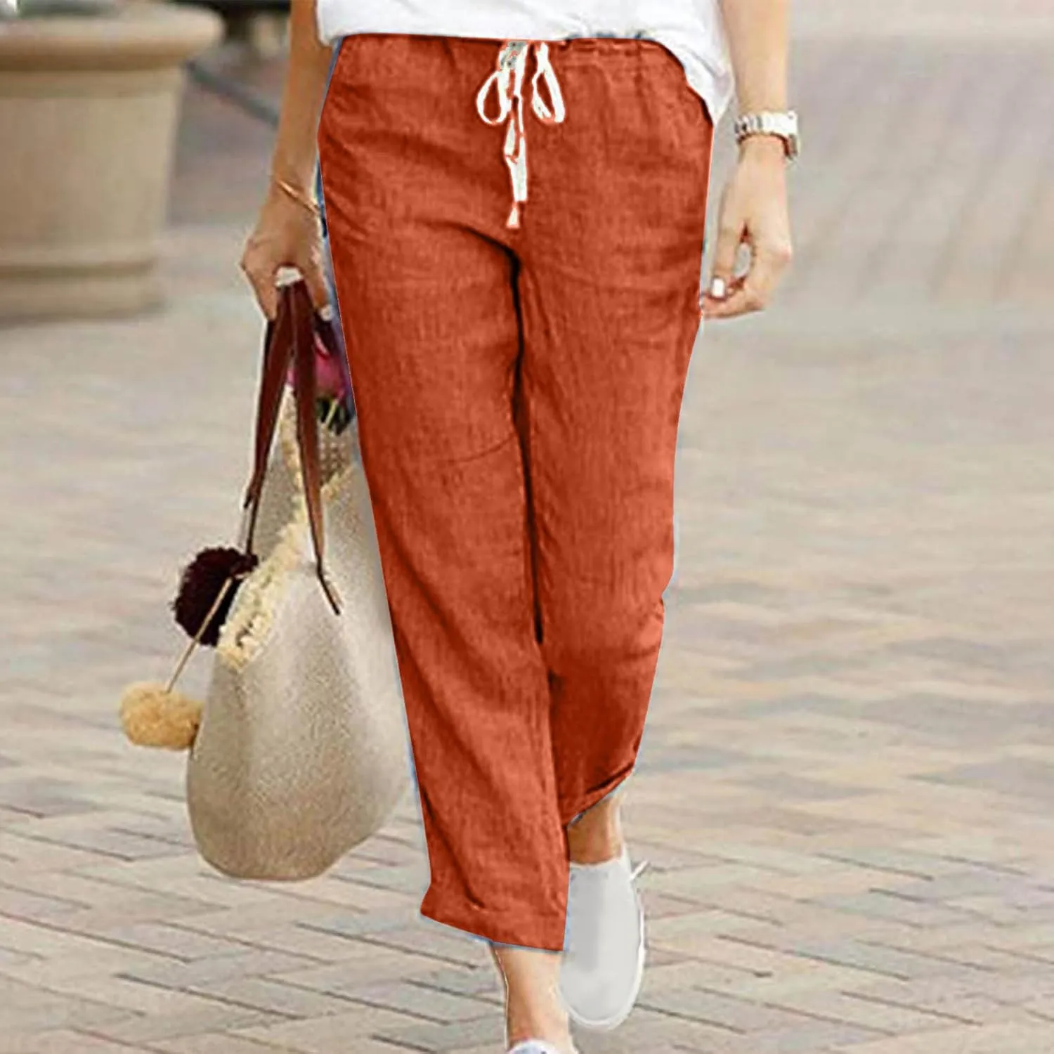 Cotton Linen Pants for Women 2024 Summer Drawstring High Waist Cropped Pants Loose Wide Leg Trousers with Pockets